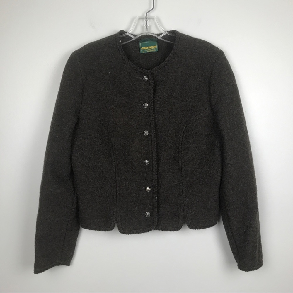 Geiger Boiled Wool Fitted Button Down Blazer Size 38 cardigan coat brown